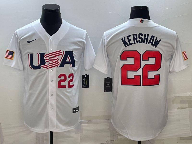 Men 2023 World Cub USA 22 Kershaw White Nike MLB Jersey6
